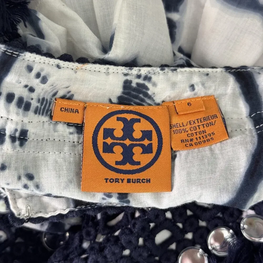 Tory Burch Tunic Womens 6 Tie Dye Mirror Embellished Boho Festival Top Beachy